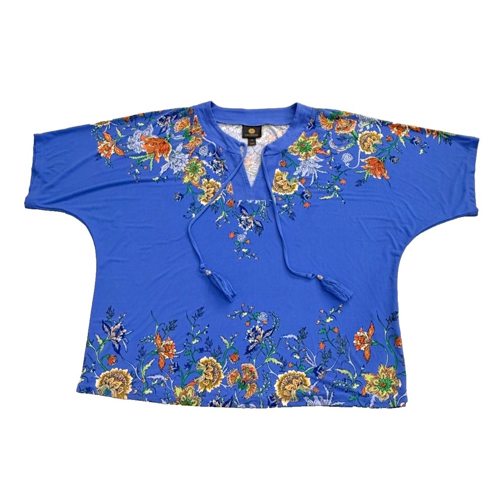 JM Collection Women's Short Sleeve Floral Print‎ Blouse Tie Neck Blue Size Large